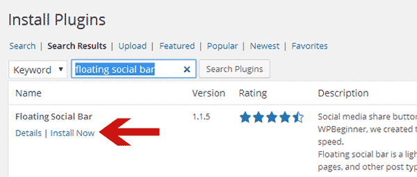 Installing a plugin from WordPress admin area using search