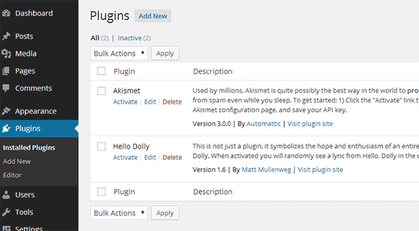 WordPress Plugins Screen