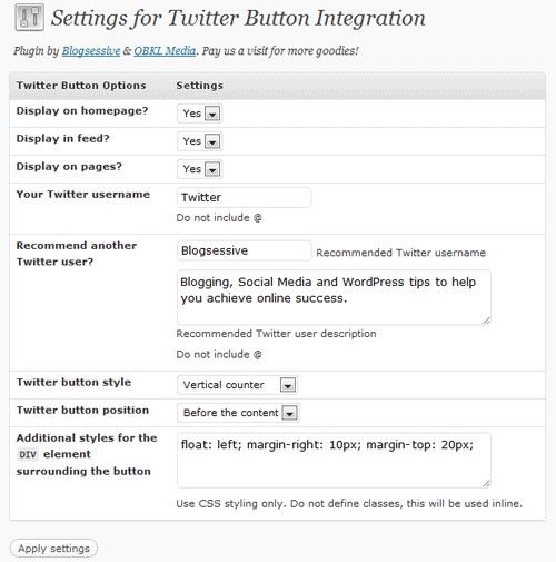 Twitter button WordPress plugin
