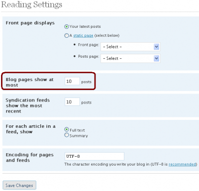 WordPress Reading Options